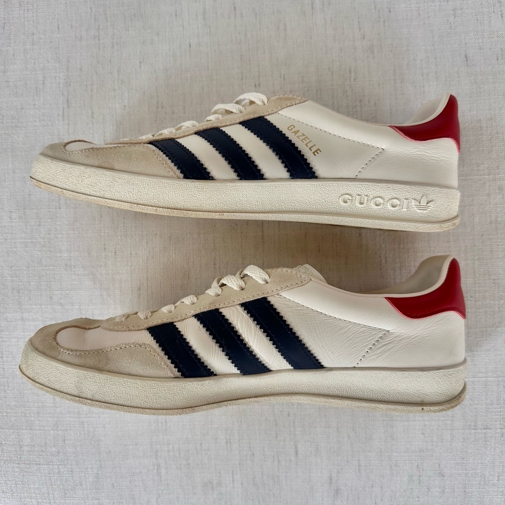 Gucci x Adidas Gazelle Sneakers White Navy Red Leather Size 9.5 - Picture 4 of 7